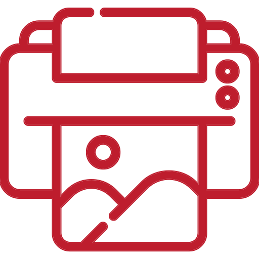 A red line icon of a printer with a piece of paper coming out