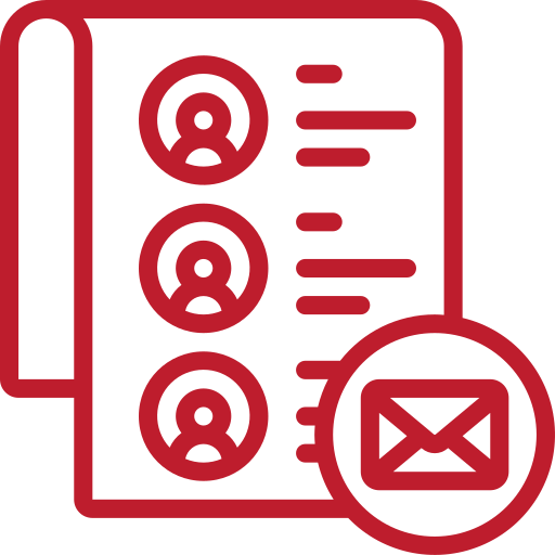 A red line icon of a long paper with profile icons and lines of text with an envelope icon in a circle in the bottom right corner