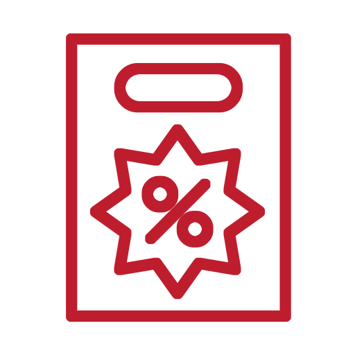 A red line icon of a bag with a starburst on it to indicate a sale or logo