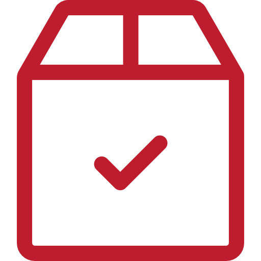 A red line icon of a shipping box